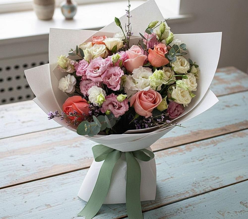 Букет цветов из: Розы, Лизиантусы и Гвоздики в Горном Забайкальского края