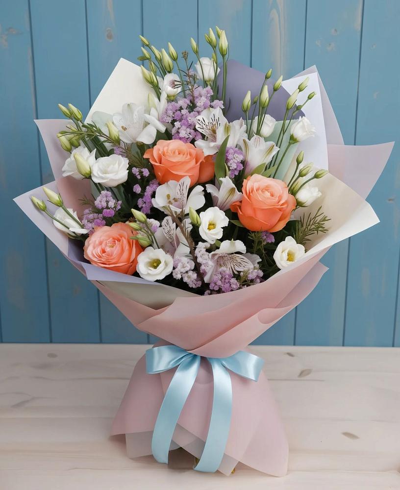 Букет цветов из: Лизиантусы, Розы, Альстромерии и Гипсофила в Горном Забайкальского края