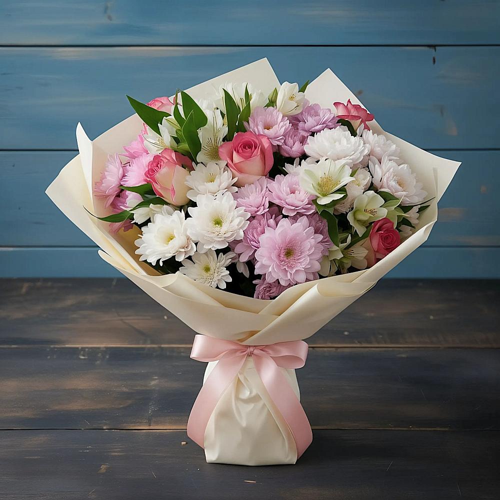 Букет цветов из: Хризантемы, Альстромерии и Розы в Горном Забайкальского края